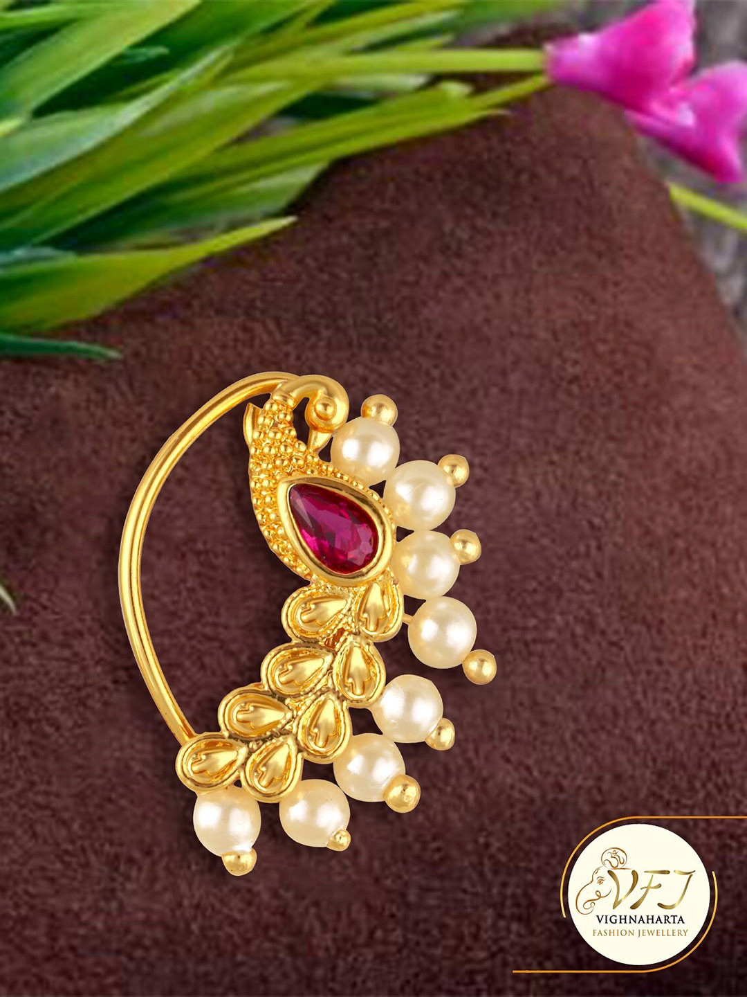 Vighnaharta Gold-Plated Stone-Studded & Beaded Nosepin