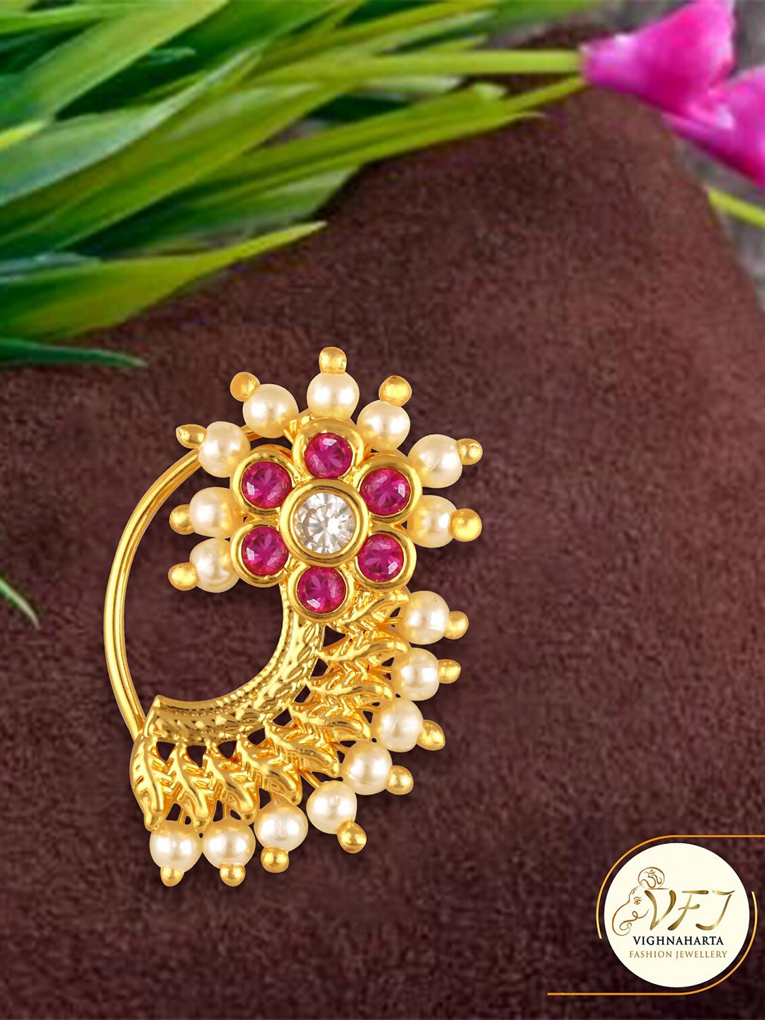 Vighnaharta Gold-Plated Stone-Studded & Beaded Nosepin