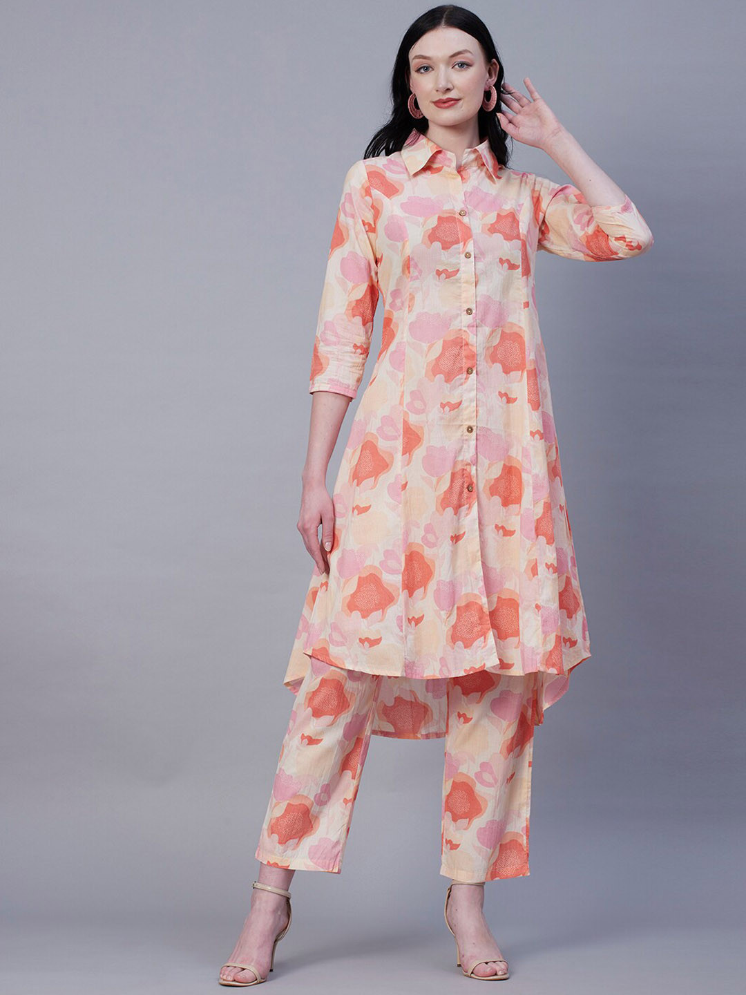 FASHOR Peach Abstract Printed Pathani Pure Cotton Regular Kurta with Trousers