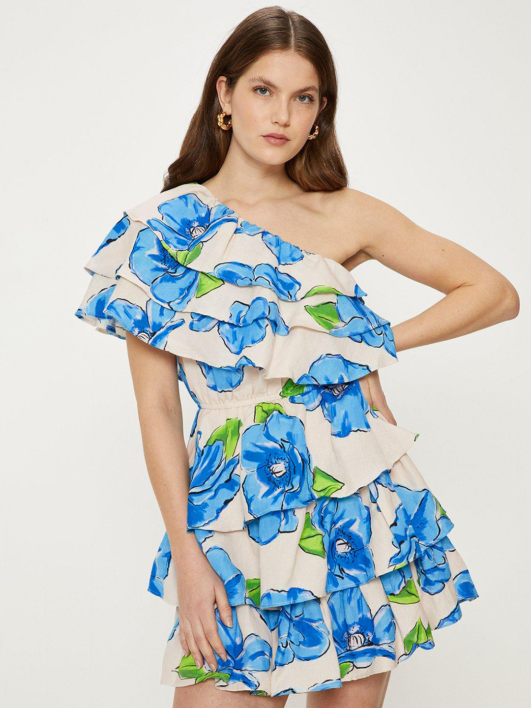 OASIS Floral Print One Shoulder Ruffled Linen Blend Tiered Dress