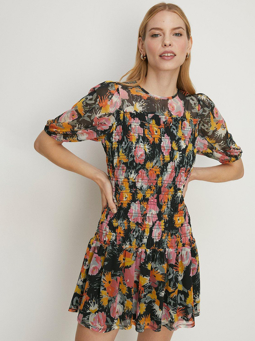 OASIS Floral Print Mesh Shirred Bodice Mini Dress