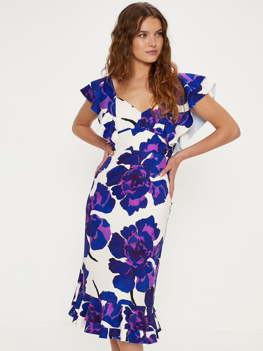 OASIS Crepe Floral Print Flutter Sleeve Ruffled Sheath Dress