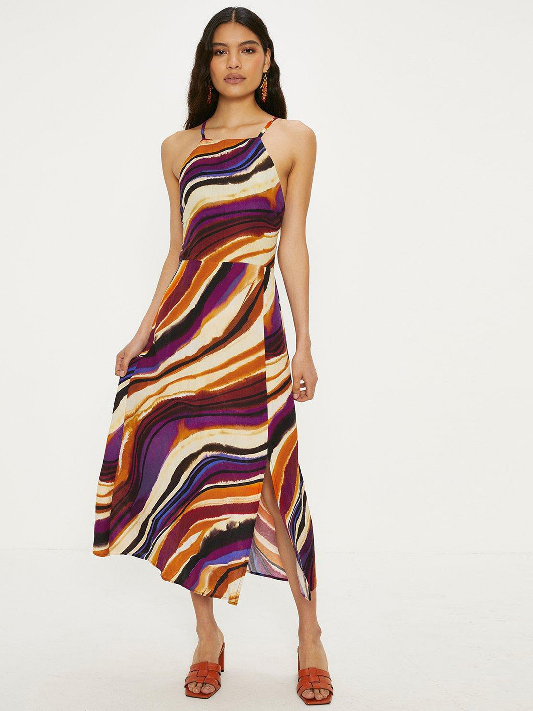 OASIS Linen Blend Swirl Print Criss-Cross Back Midi Dress