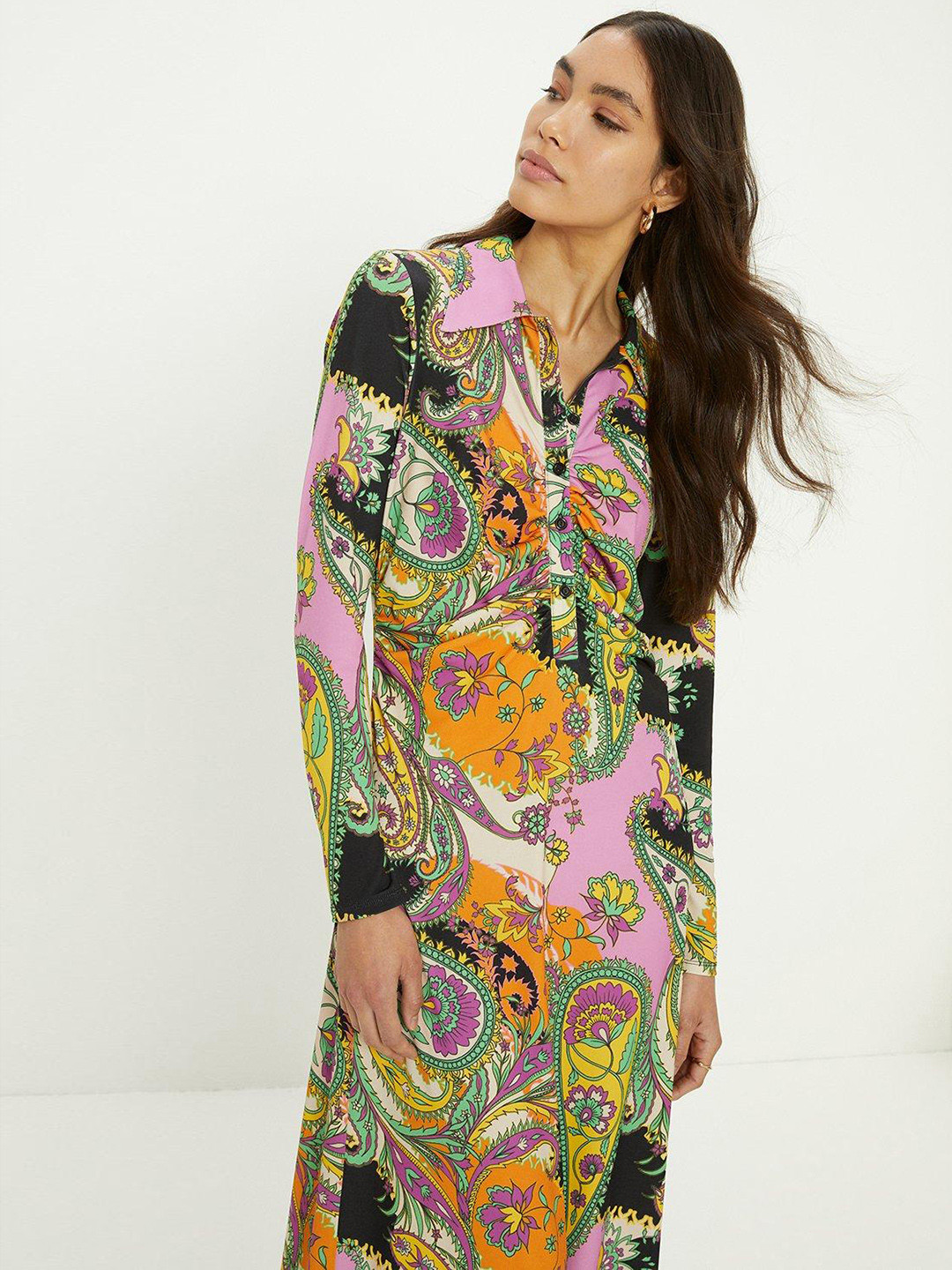 OASIS Paisley Printed Ruched Shirt Midi Dress