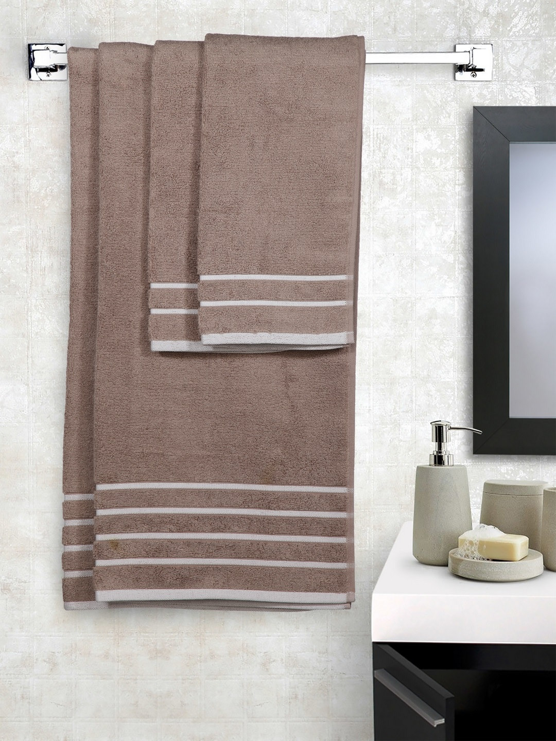 MARK HOME Set of 4  Cotton Brown 500 GSM Zero Twist Anti Microbial Treated Towels