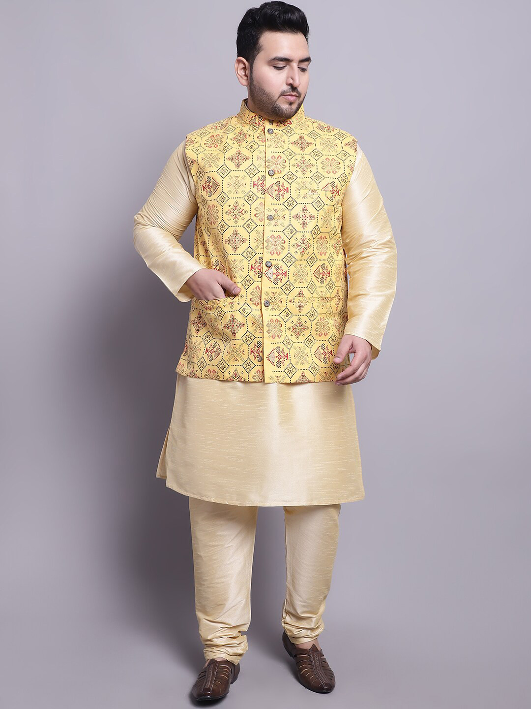SOJANYA PLUS Plus Size Dupion Silk Straight Kurta With Pyjamas & Printed Nehru Jacket