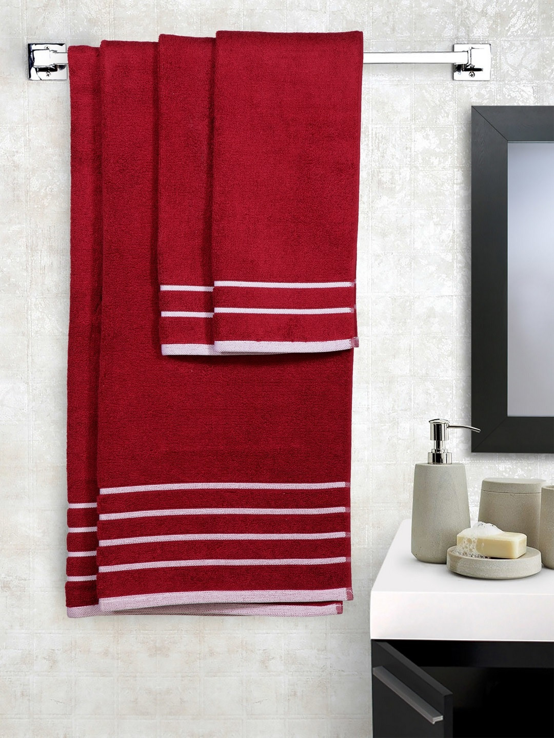 MARK HOME Set of 4  Cotton Navy Maroon 500 GSM Zero Twist Anti Microbial Treated Towels