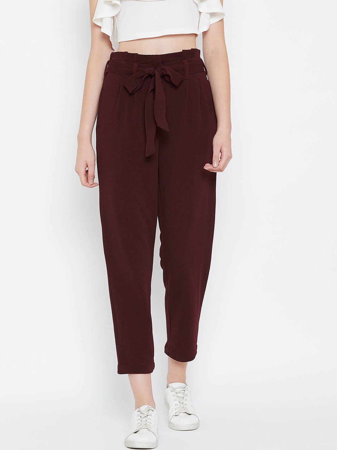 Zastraa Women Rust Relaxed Straight Leg Straight Fit High-Rise Pleated Peg Trousers
