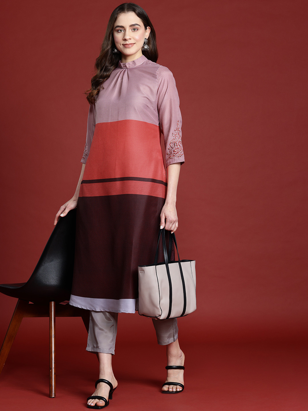Anouk Colourblocked & Striped Thread Work Kurta with Trousers