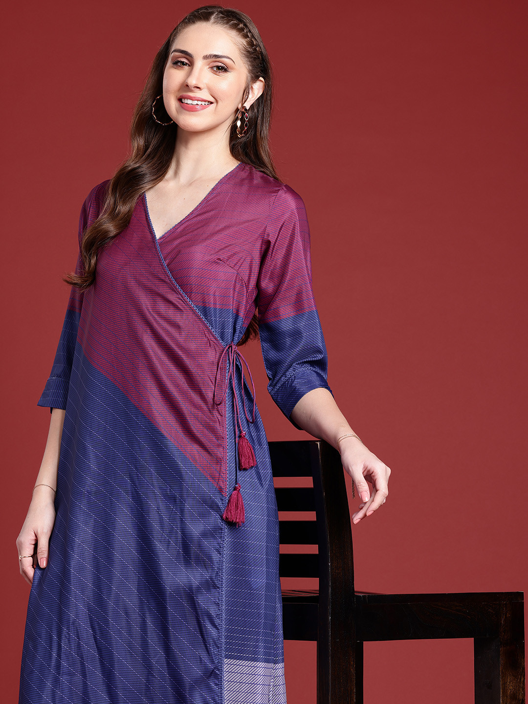 Anouk Striped Colourblocked Angrakha Kurta