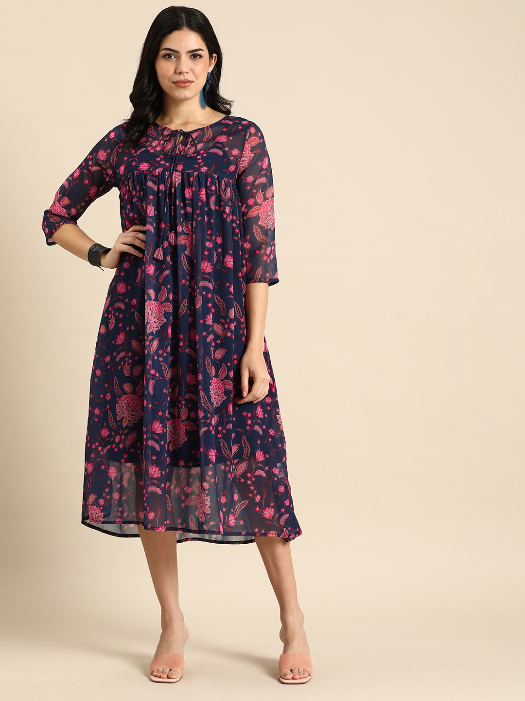 Anouk Floral Printed A-Line Ethnic Dress With Inner Slip