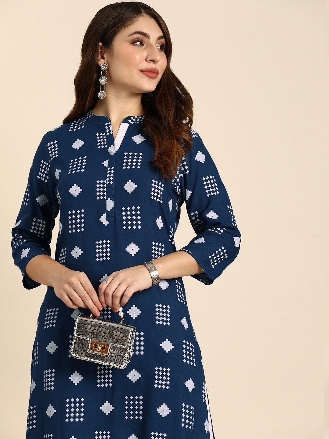Anouk Geometric Printed Mandarin Collar Straight Kurta
