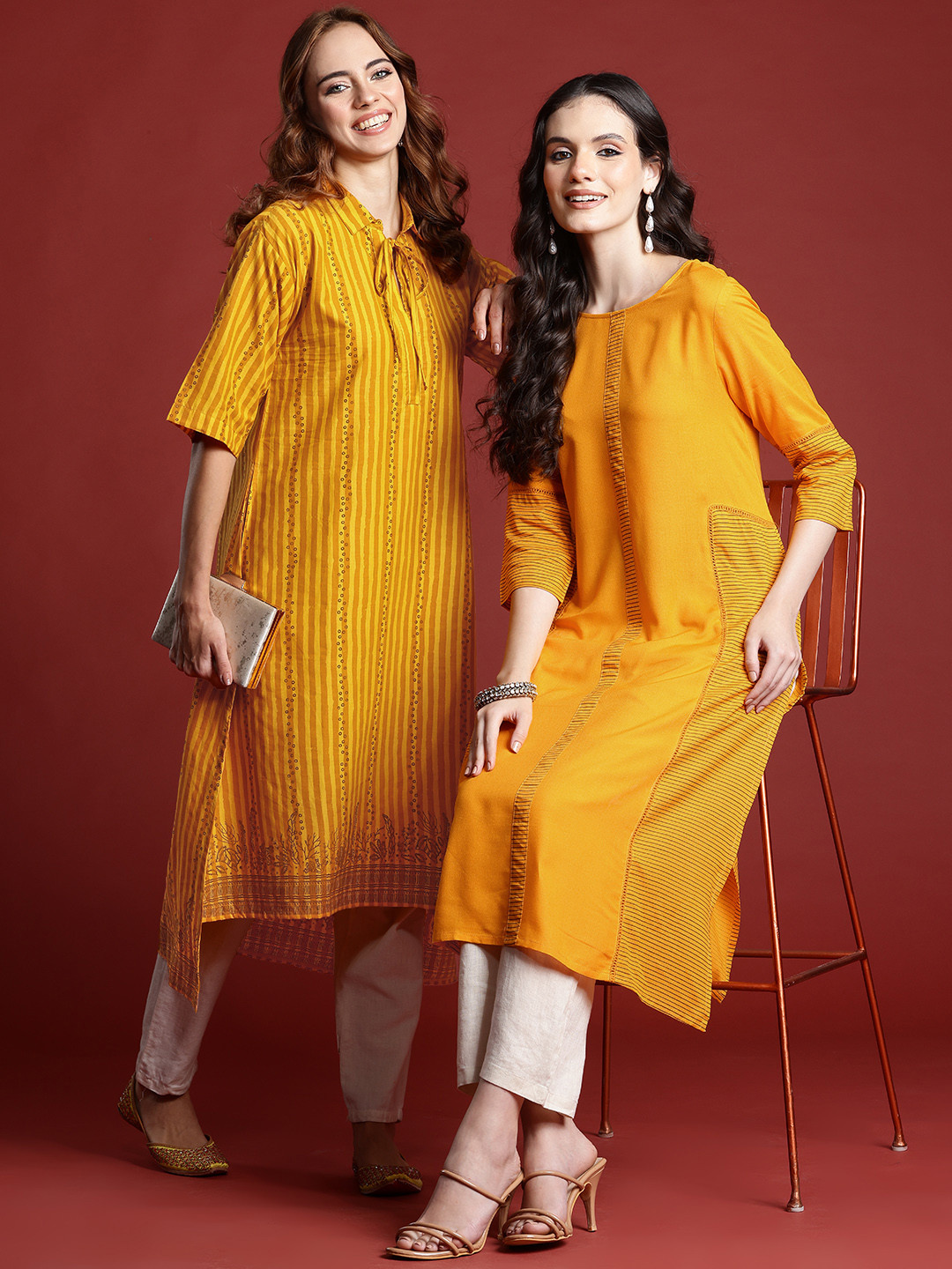 Anouk Striped Thread Work Round-Neck Straight Kurta