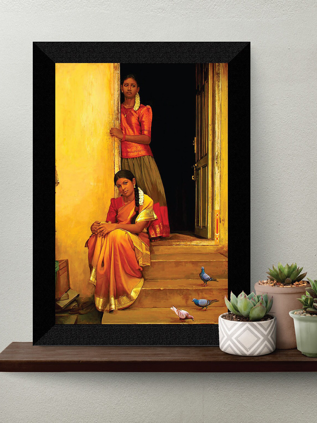SAF Yellow & Black Traditional Women Painting Wall Art