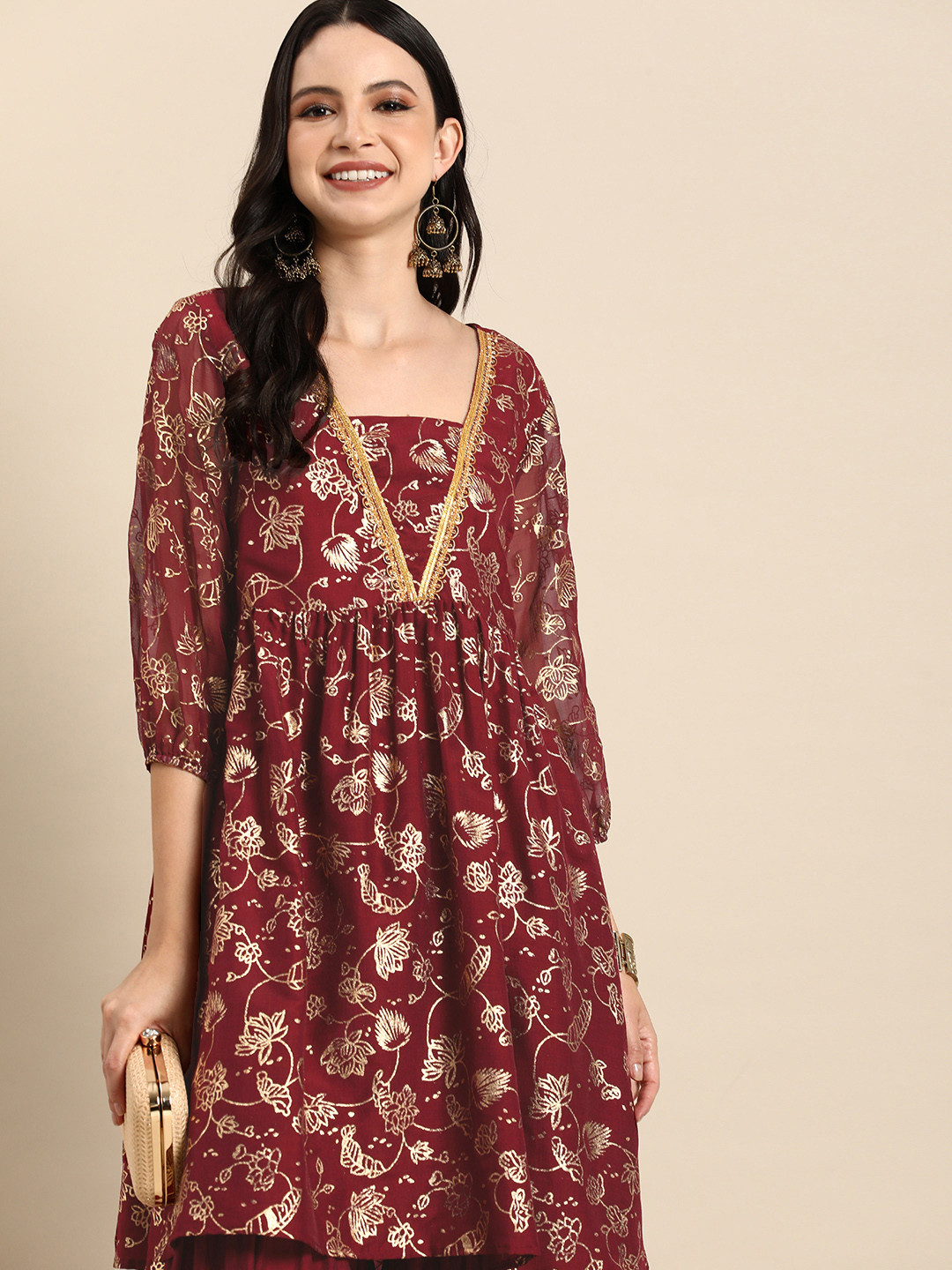 Anouk Ethnic Motifs Printed Regular A-Line Flared Kurti With Sharara