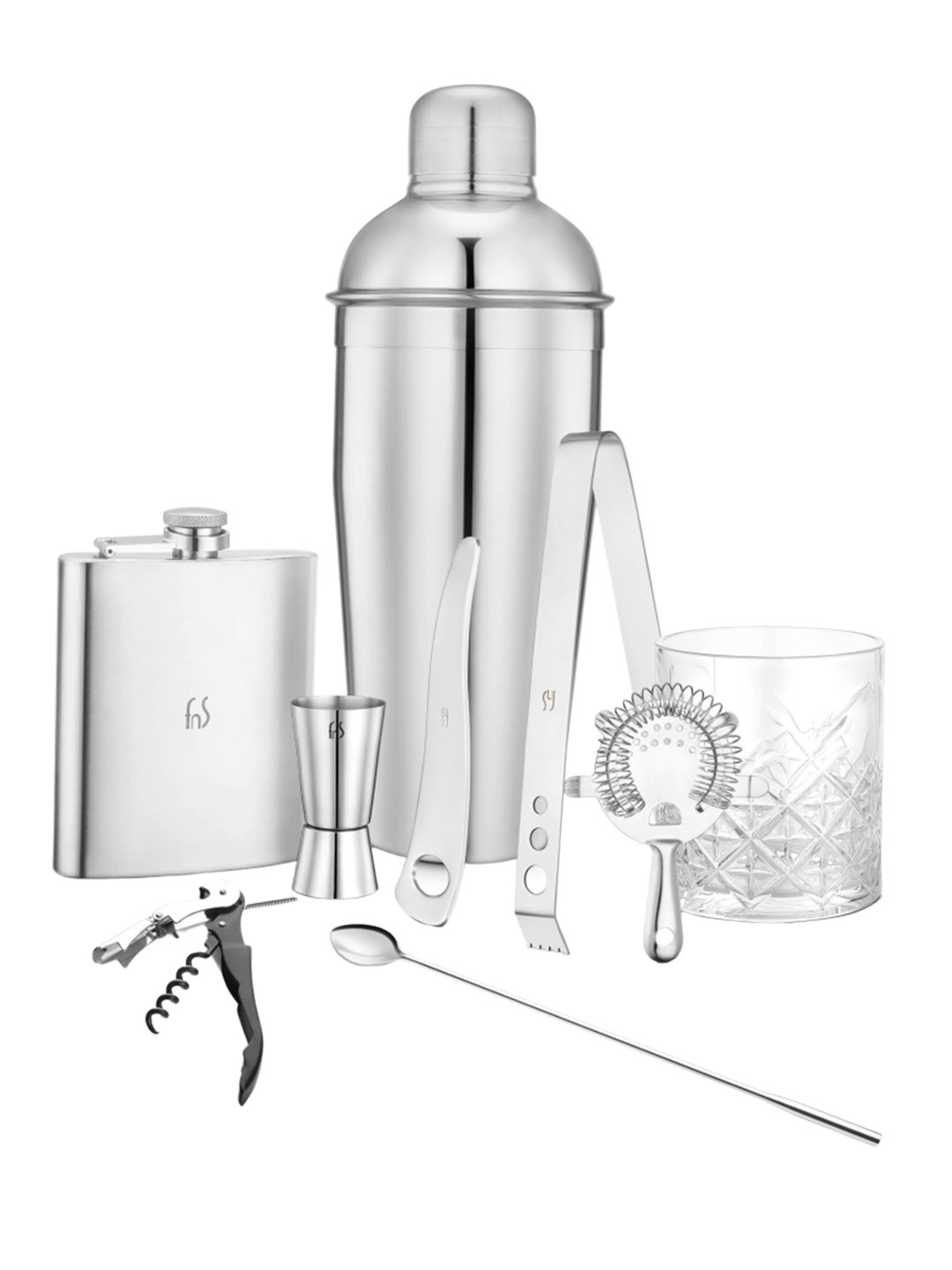 FNS Silver Silver Toned 14 Pieces Stainless Steal Bar & Drinkware Set