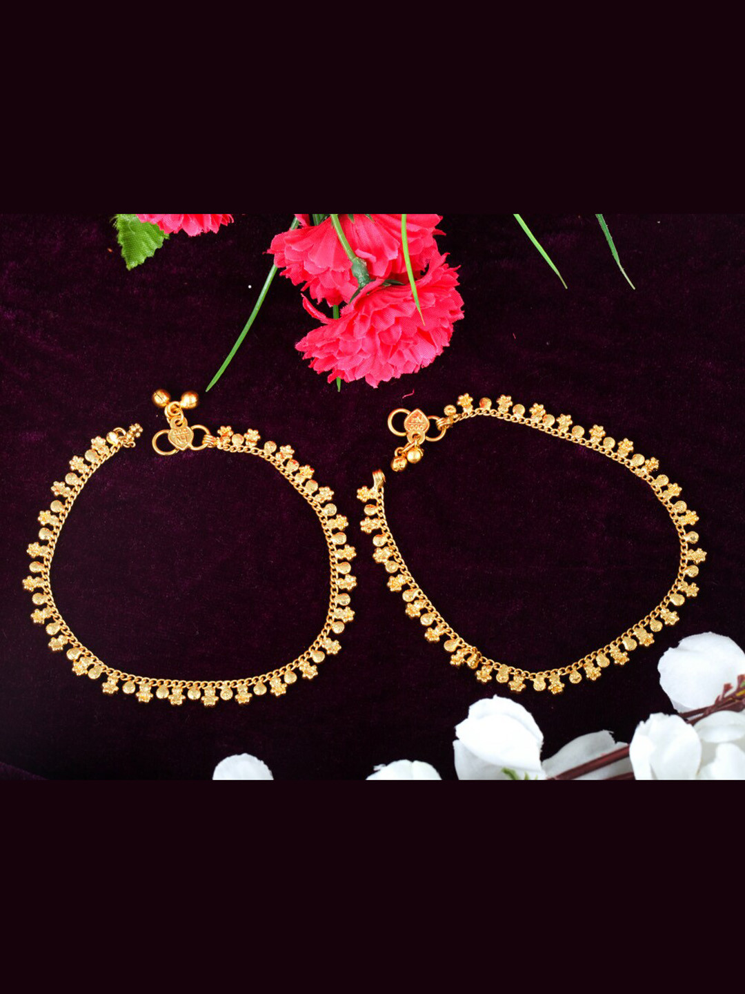 MEENAZ Pack Of 2 Gold-Plated Floral Motif Designed Brass Anklets