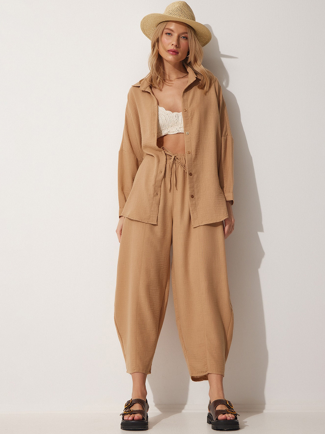 Happiness istanbul Self Design Shirt Collar Cotton Shirt with Ballon Pant