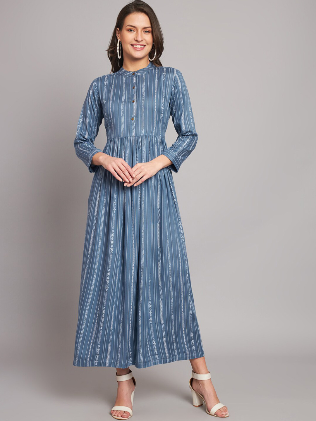 HELLO DESIGN Geometric Printed Mandarin Collar Gathered A-Line Maxi Dress
