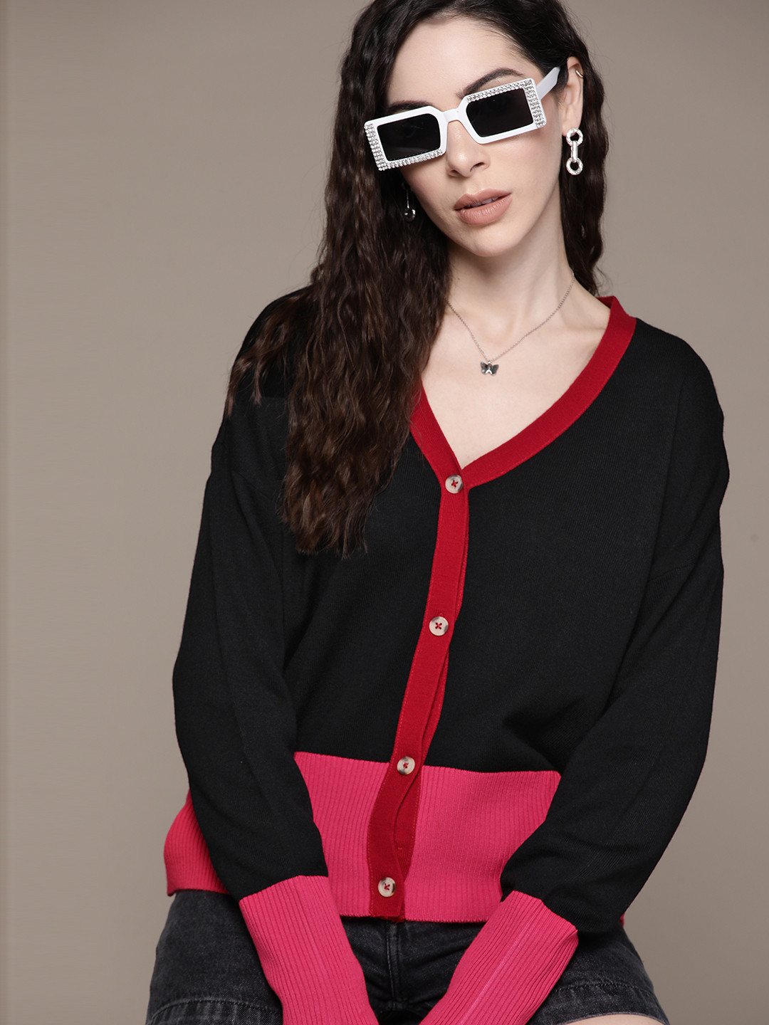 The Roadster Lifestyle Co. Acrylic Colourblocked Boxy Cardigan