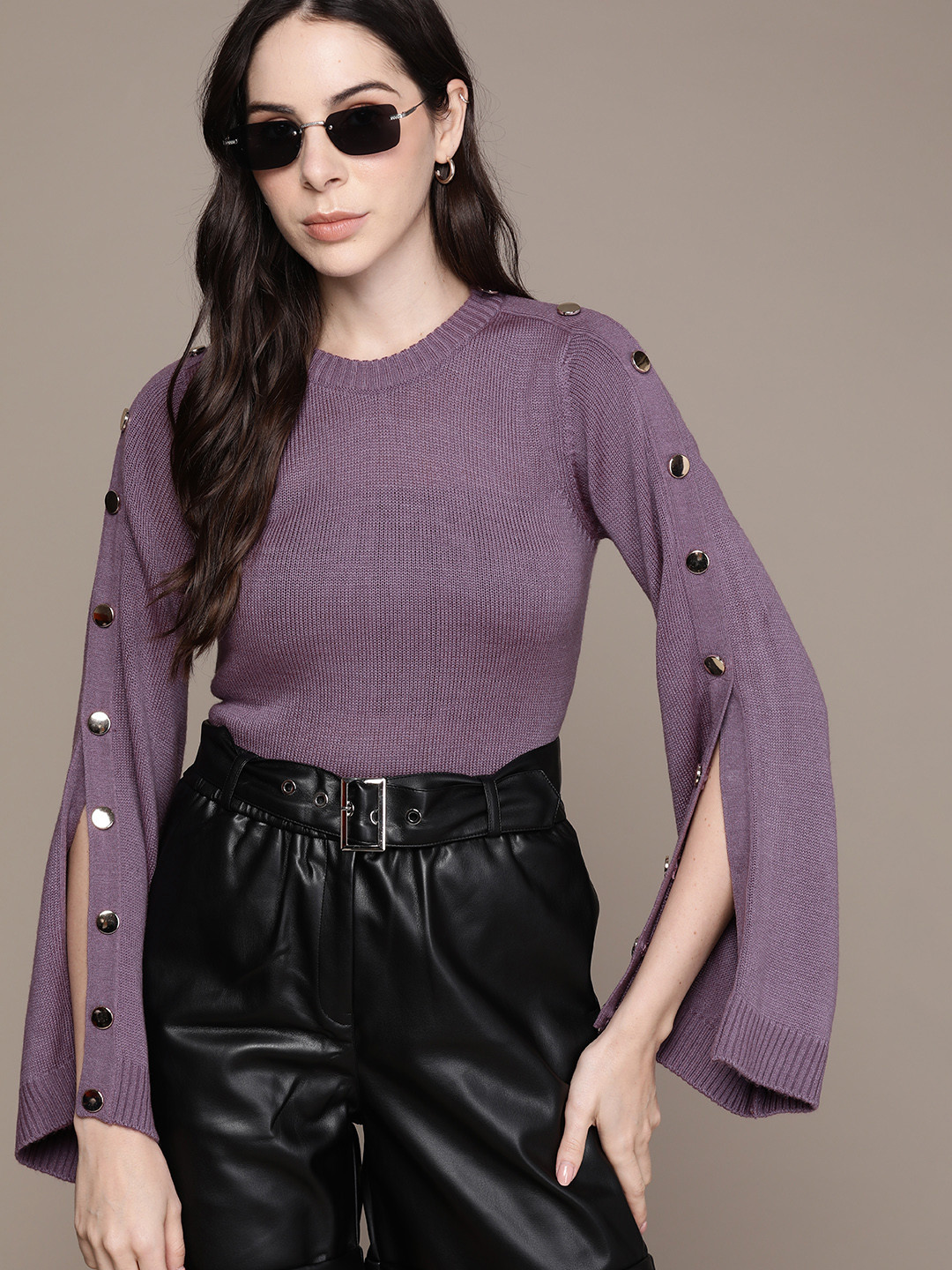 The Roadster Lifestyle Co. Long Flared Slit Sleeves Button Detail Pullover