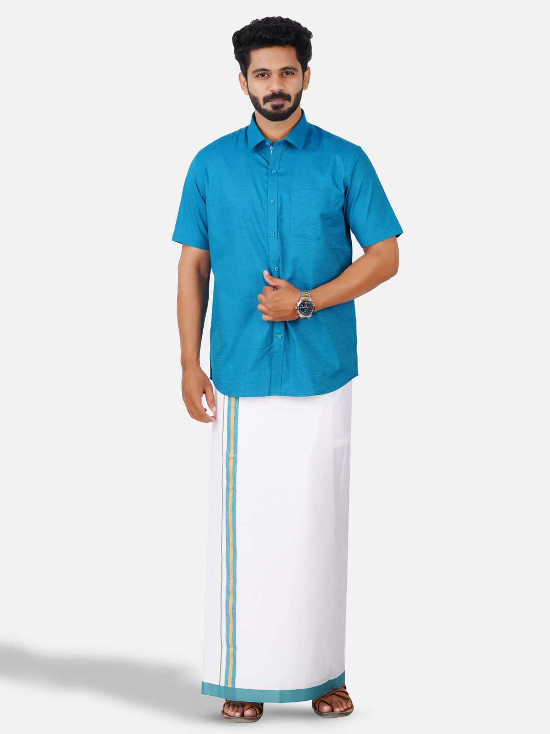 Ramraj Men Half Sleeve Shirt & Matching Border Dhoti