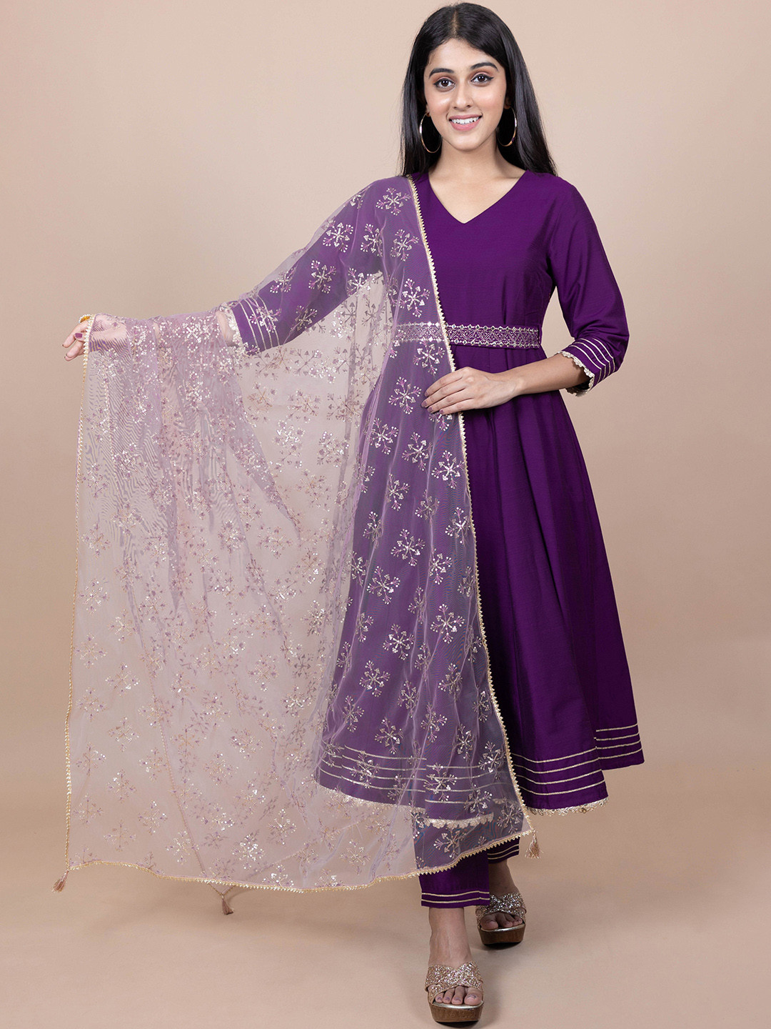HERE&NOW Purple & Gold-Toned Ethnic Motifs Embroidered Gotta Patti Dupatta