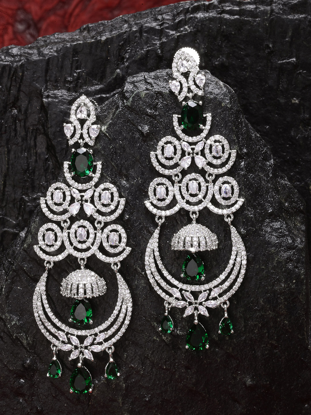 ZENEME Rhodium-Plated Classic American Diamond Drop Earrings