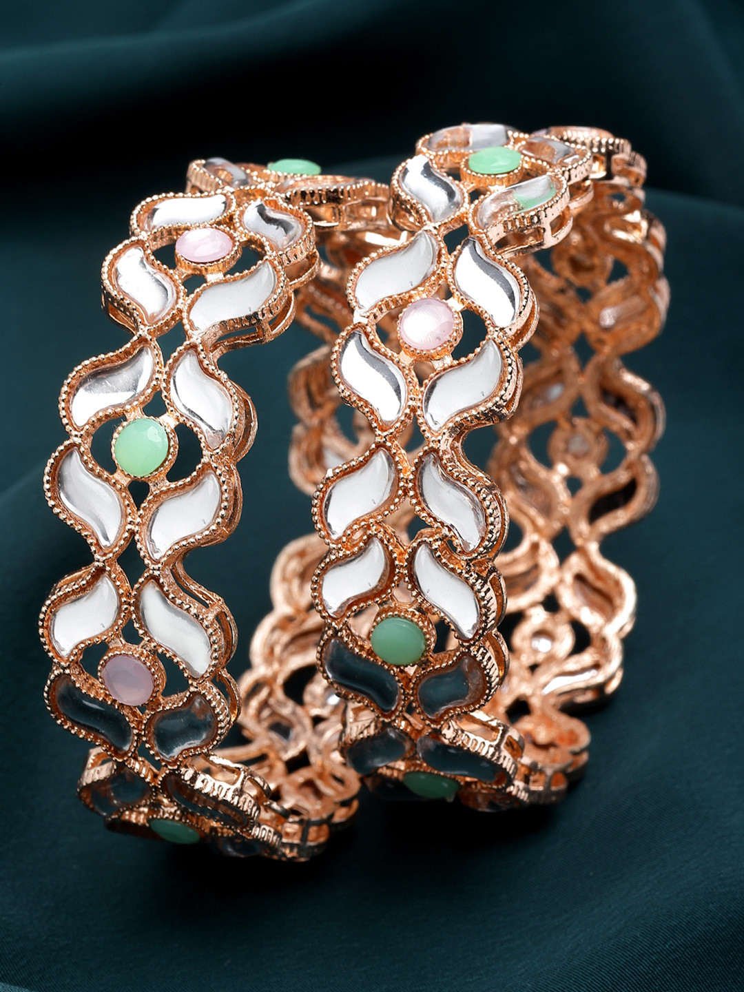 ZENEME Set Of 2Rose Gold Plated Kundan Studded Bangle