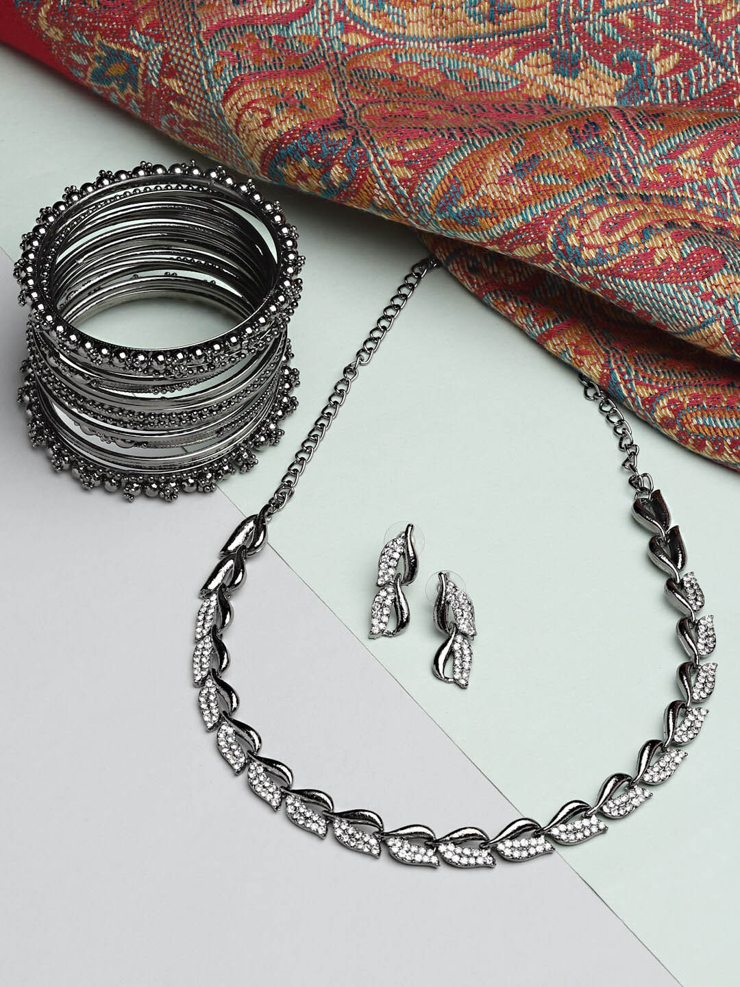 ZENEME Oxidised Silver-Plated CZ-Studded Necklace & Earrings With Bangles