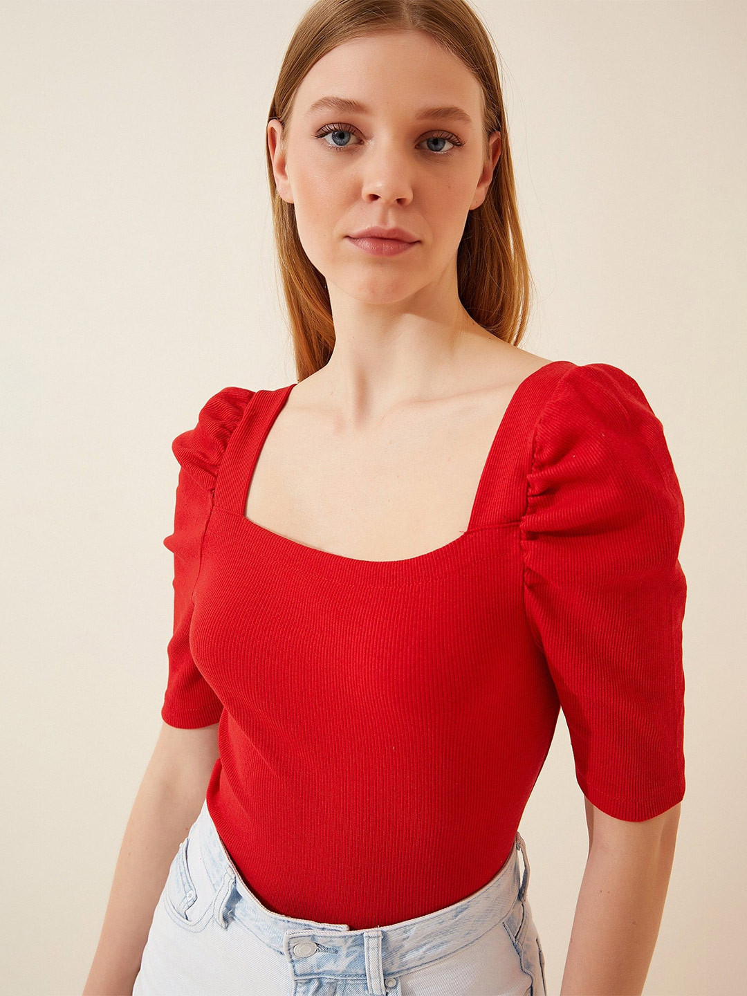 Happiness istanbul Square Neck Puff Sleeve Ribbed Fitted Top