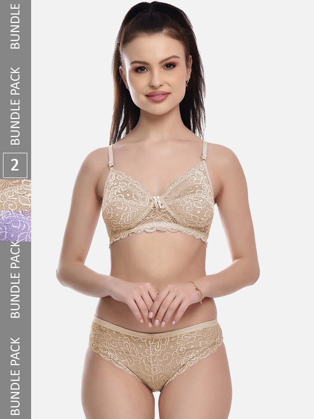 FIMS Pack Of 2 Self-Design Cotton Lycra Lingerie Set Rimjhim_Set_PurpleBeige_
