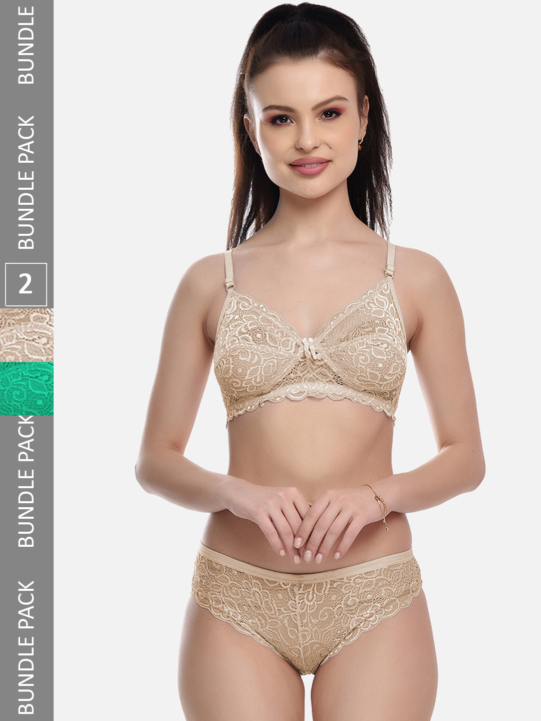 FIMS Pack Of 2 Self-Design Cotton Lycra Lingerie Set - Rimjhim_Set_GreenBeige_B