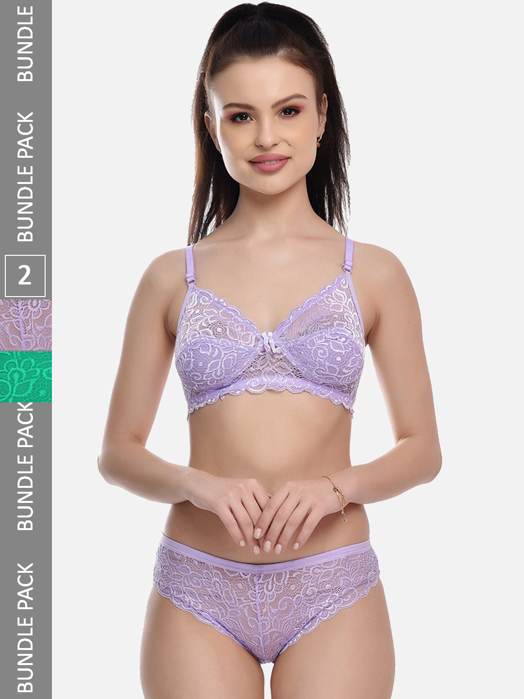 FIMS Pack Of 2 Laced Cotton Lycra Lingerie Set - Rimjhim_Set_PurpleGreen_B