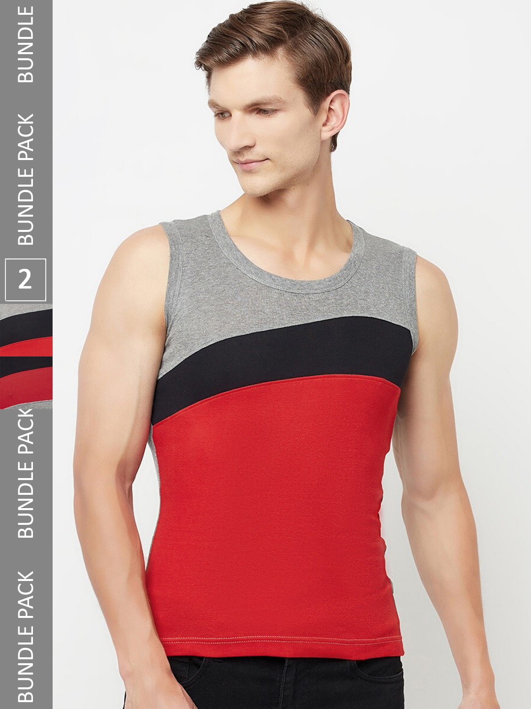 T.T. Men Pack Of 2 Titanic Designer Pure Cotton Colourblocked Gym Vests