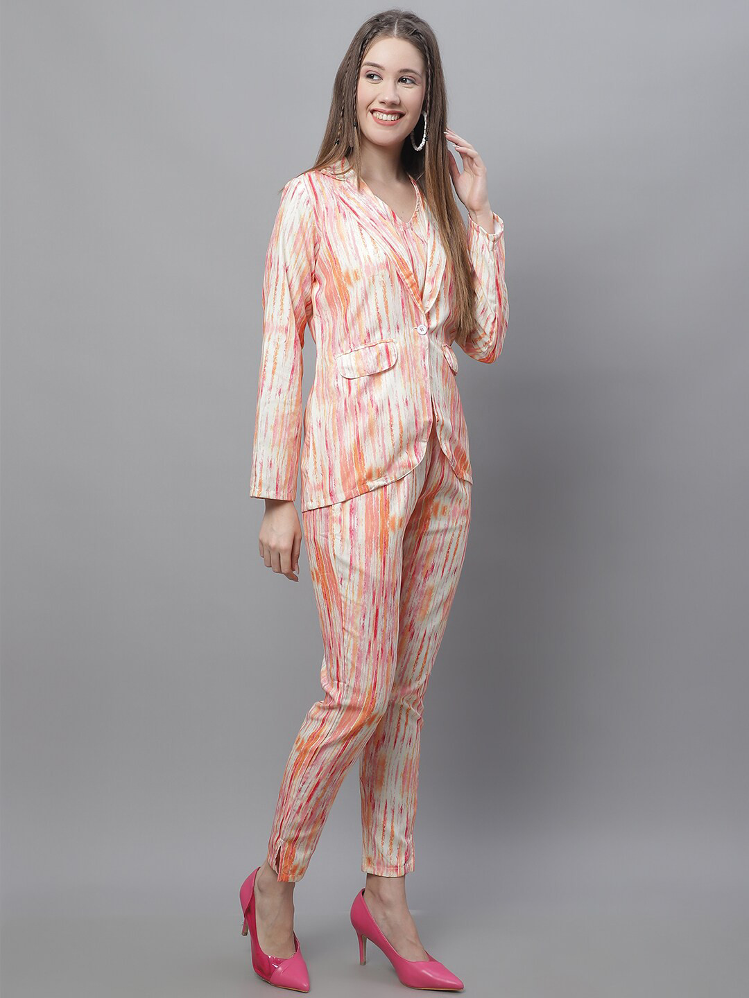 JAINISH Digital Printed Crop Top With Jacket & Trouser Co-Ord Set