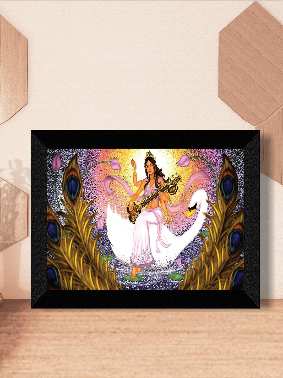 SAF Purple & White Maa Saraswati Painting Framed UV Coating Wall Art