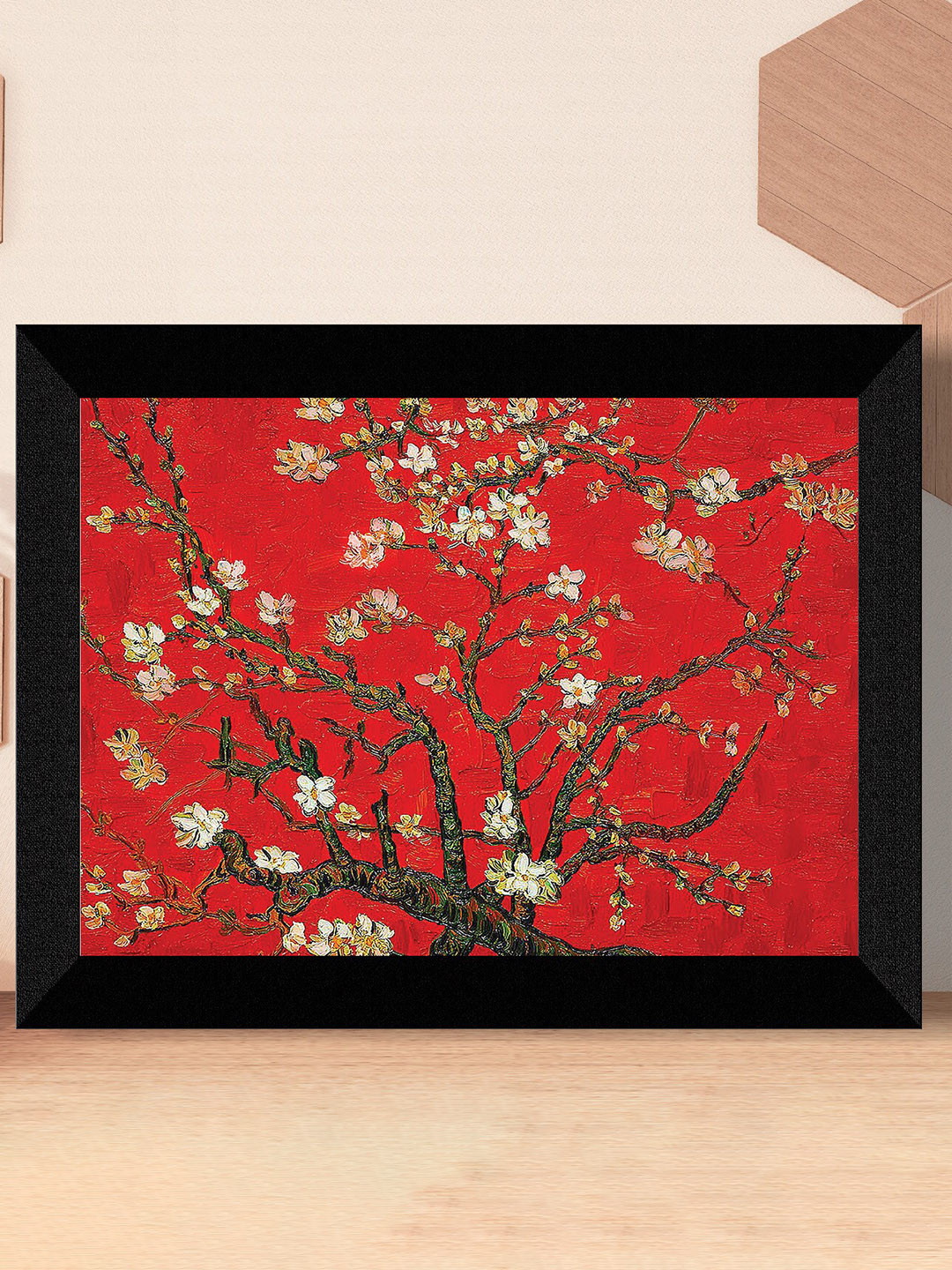 SAF Red & Black Floral Painting Framed UV Coating Wall Art