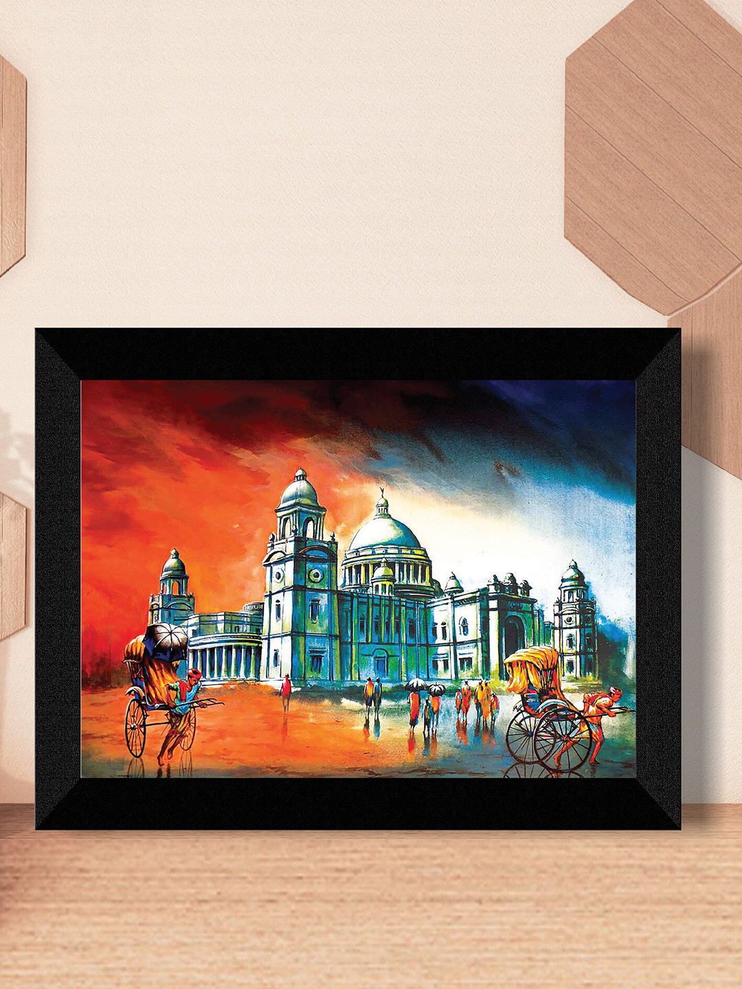 SAF Orange Colored & Blue Vintage Painting Framed UV Coating Wall Art