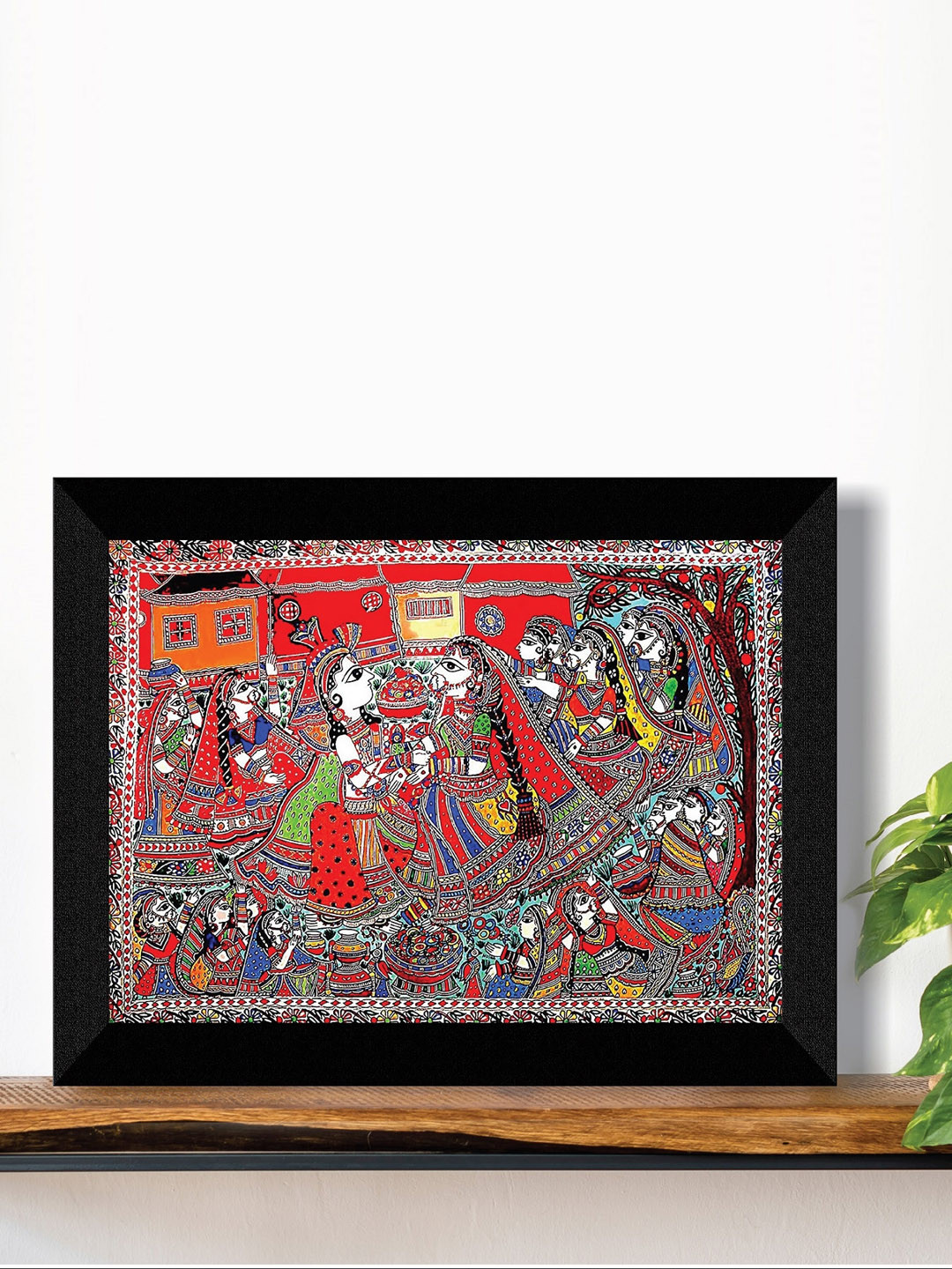 SAF Red & White Madhubani Traditional Painting Framed UV Coating Wall Art