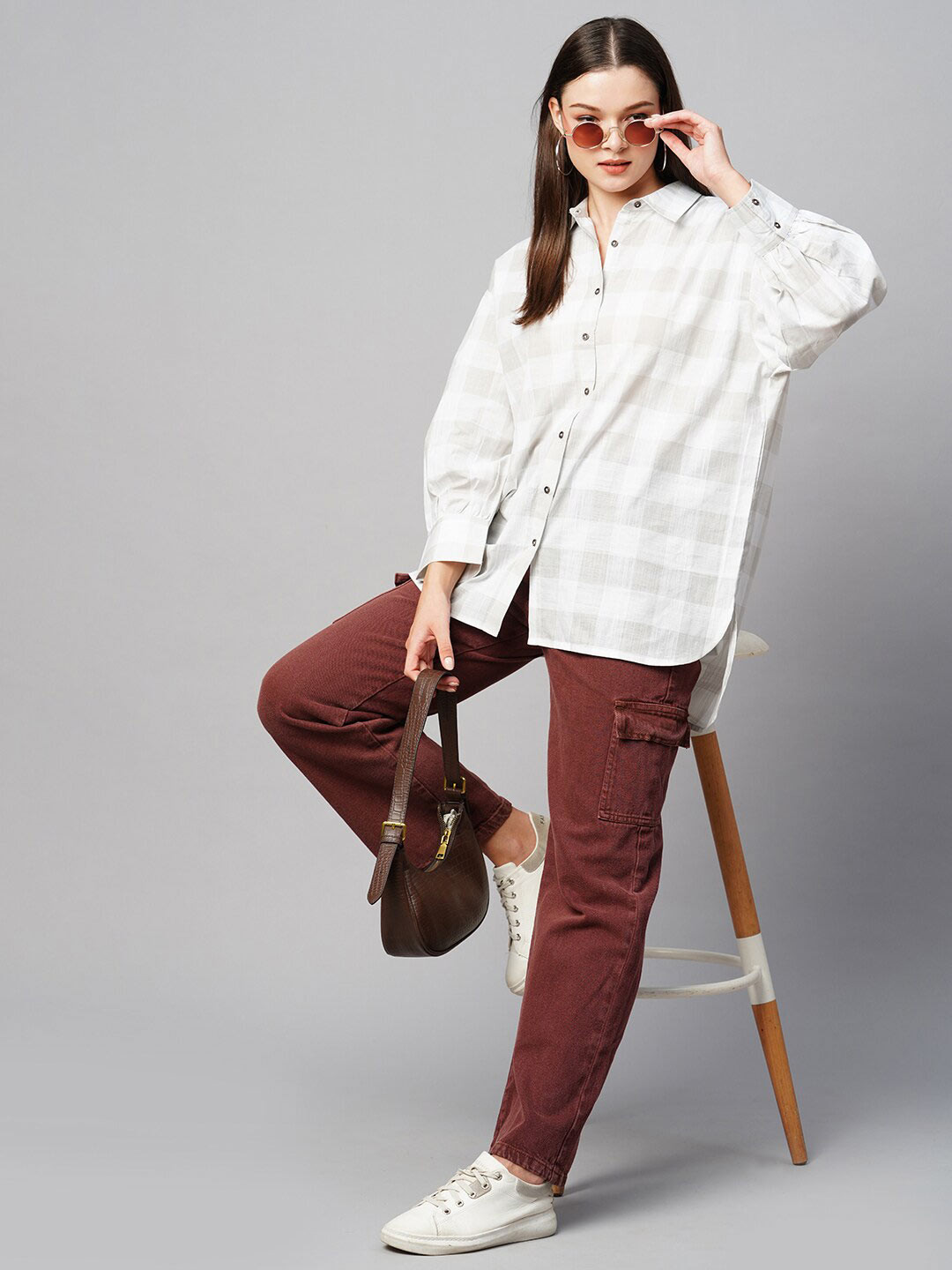 Chemistry Buffalo Checked Drop Shoulder Sleeves High Low Casual Shirt