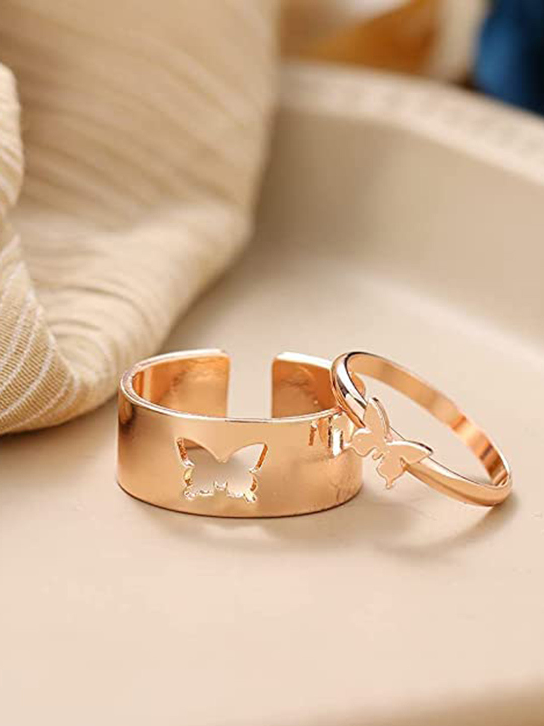 VIEN Rose Gold-Plated Butterfly Couple Adjustable Band Open Finger Rings