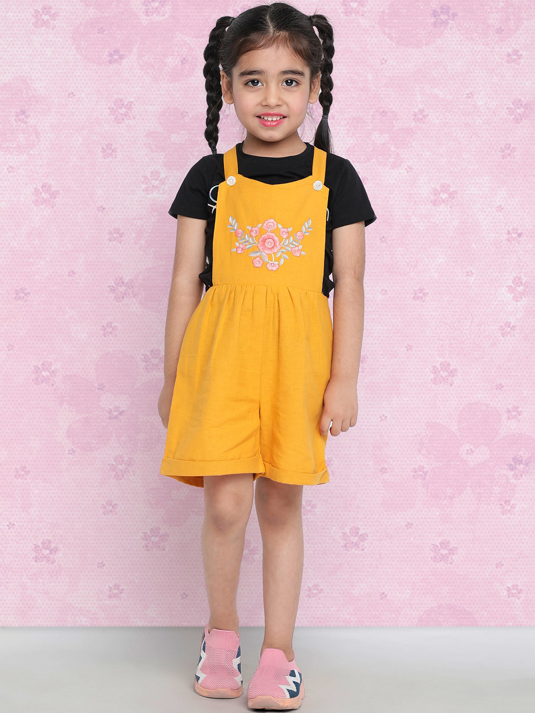 Indo Era Girls Pink Floral Embroidered Dungarees