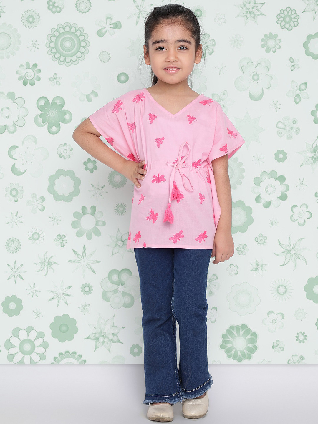 Indo Era Girls Pink Coversational Embroidered V-Neck Flared Sleeves Pure Cotton Kaftan Top