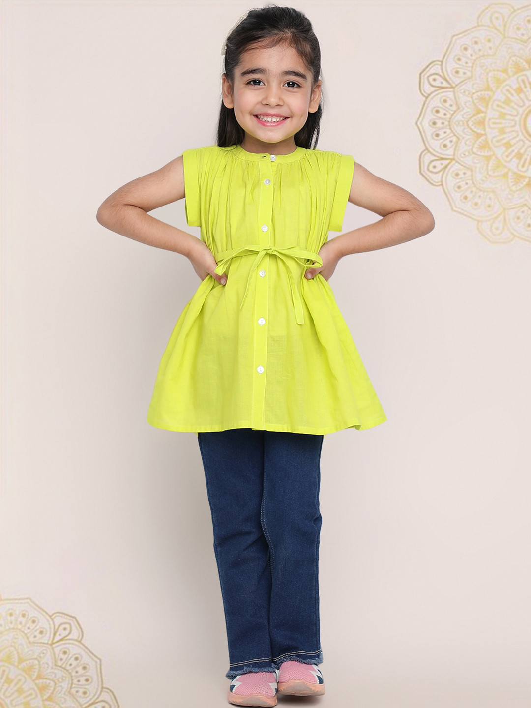 Indo Era Girls Green Band Collar Extended Sleeves Cotton Top