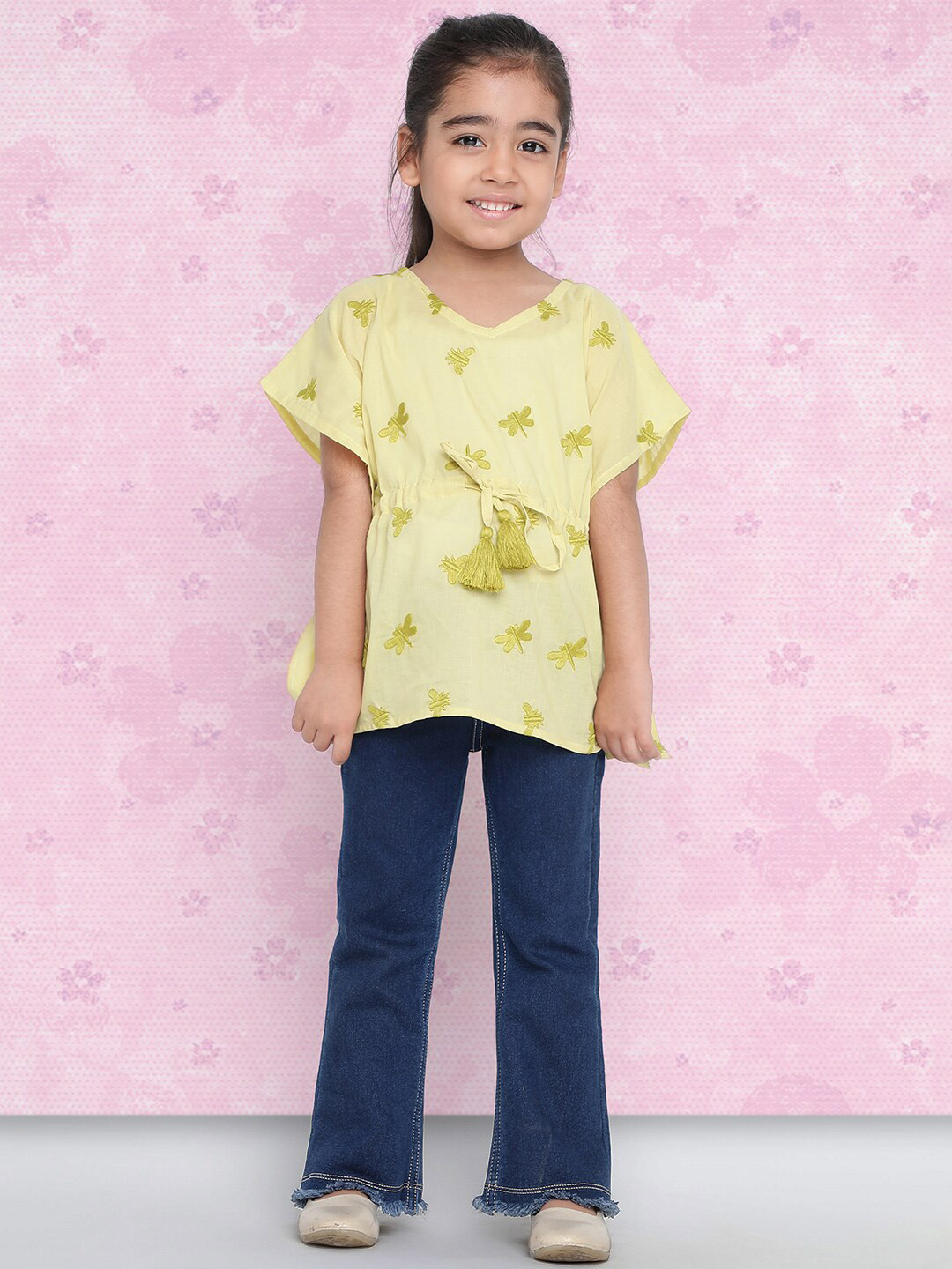 Indo Era Girls Green Embroidered Extended Sleeves Pure Cotton Kaftan Top