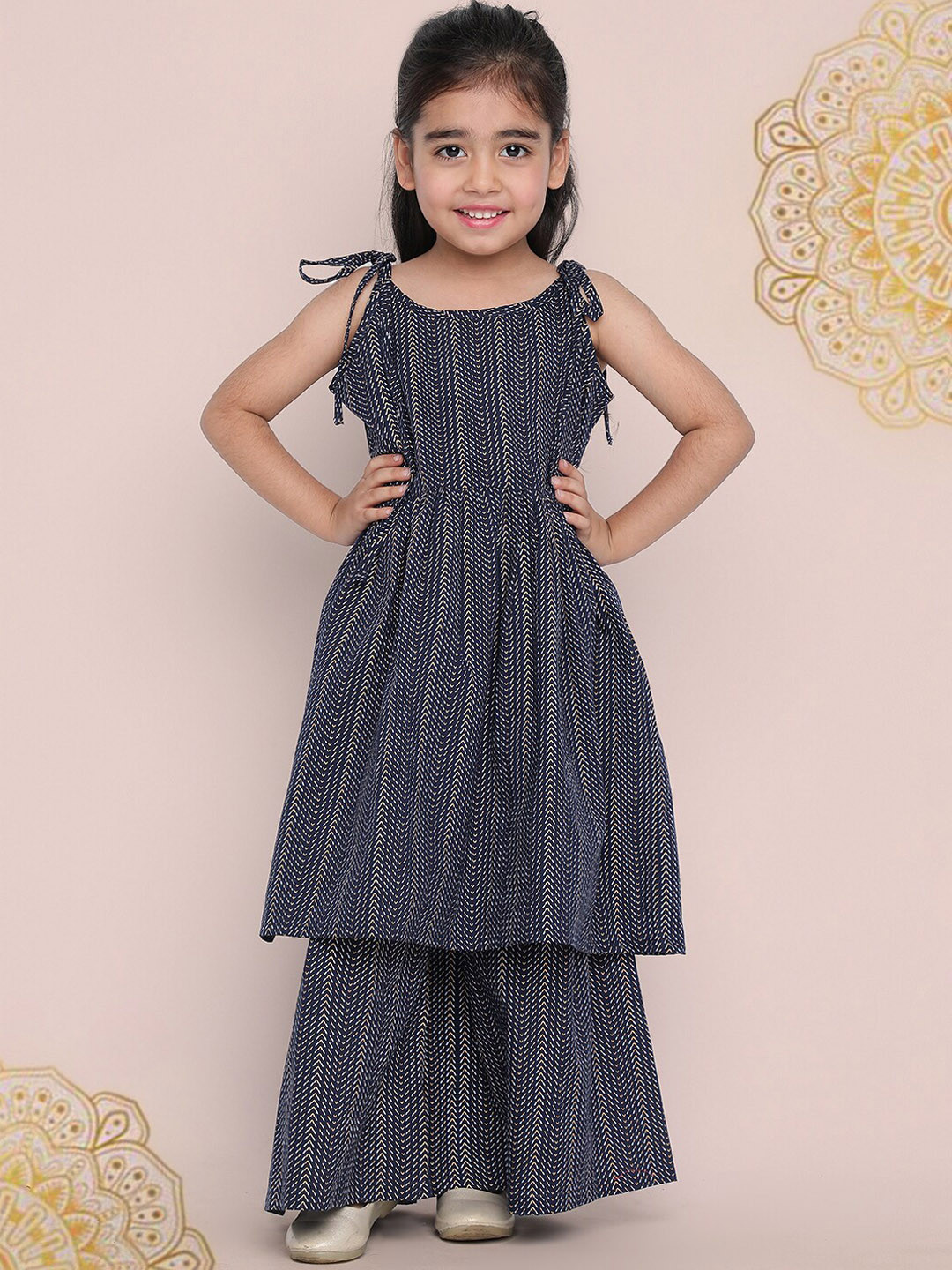 Indo Era Girls Navy Blue Striped A-Line Kurta With Sharara
