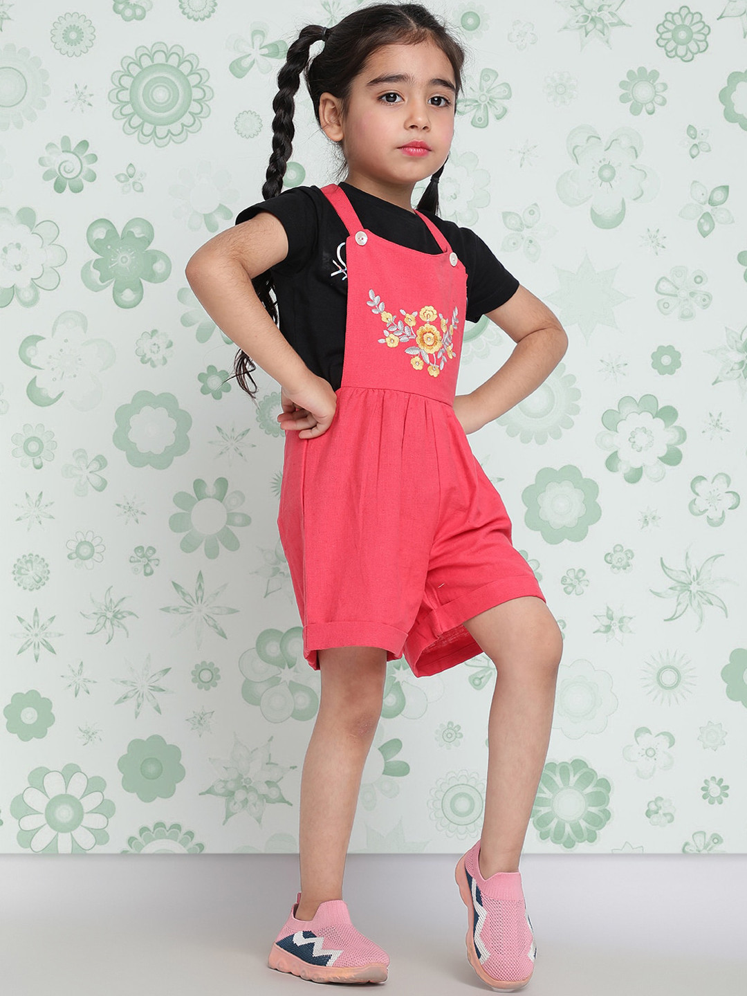Indo Era Girls Pink Floral Embroidered Dungarees