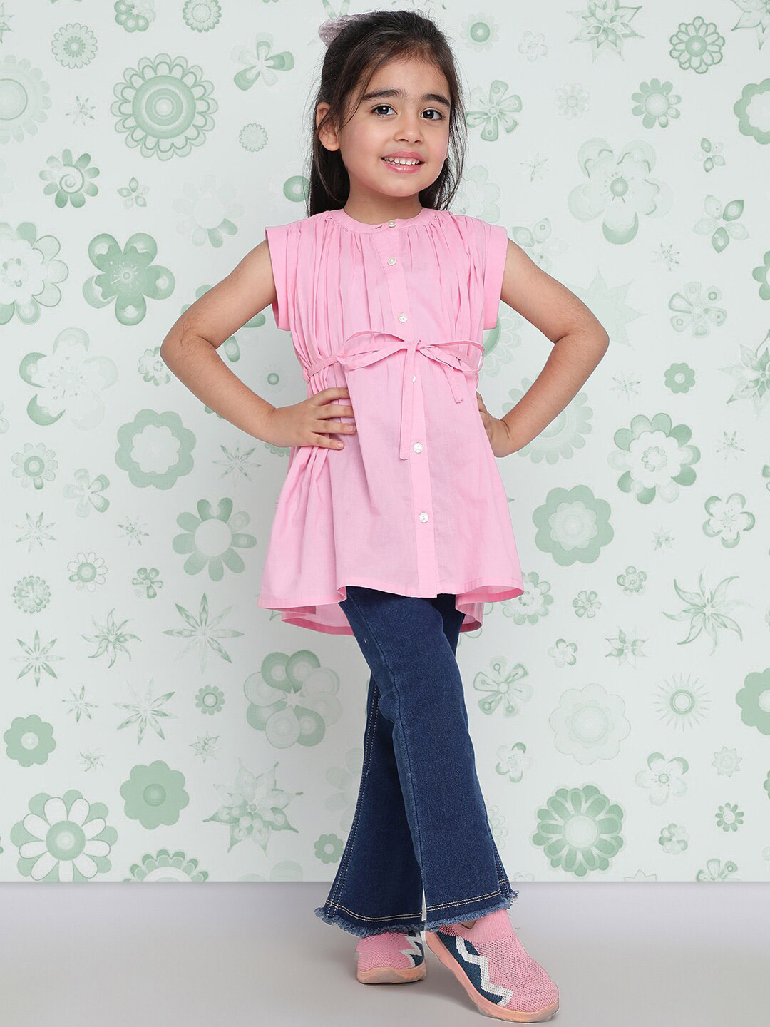 Indo Era Girls Pink Band Collar Extended Sleeves Cotton Top