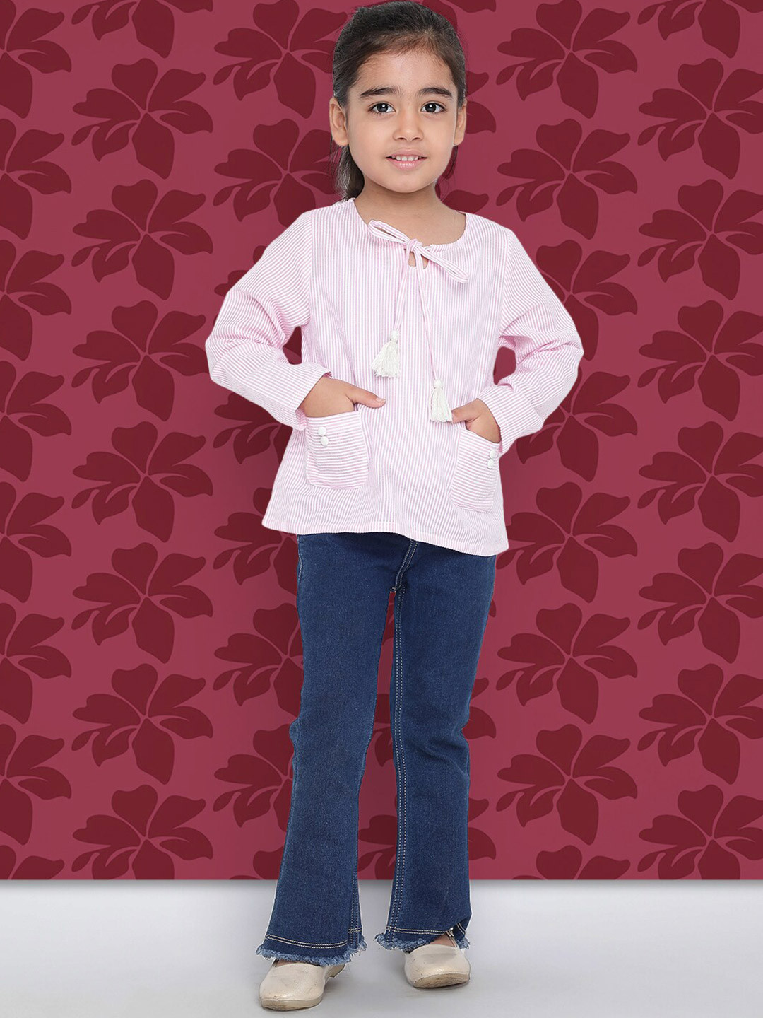 Indo Era Girls Pink Variegated Striped Printed Pure Cotton Top